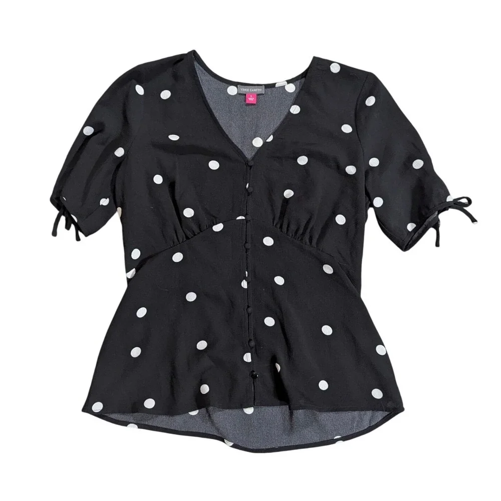 Vince‎ Camuto Blouse Womens S Black White Polka Dot Button Tie Sleeve Peplum
